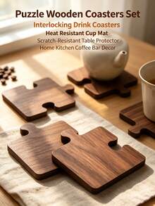 4pcs/Set Wooden Puzzle Coasters, Interlocking Puzzle Design Drink Coasters, Heat-Resistant Scratch-Resistant Tabletop Protection Coasters, Decorative Wooden Coasters, Suitable For Tea Cups, Coffee Cups, Home Kitchen Coffee Bar Tabletop Decoration Accessories - Multiple Styles - View 1