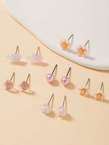 6 Pairs Cute Daily Style Women's Stud Earrings Set, Floral & Jellyfish Pattern Earrings Combination, Suitable For Casual, Outing, Dating Jewelry - Multicolor - View 2