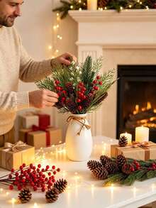 50pcs/40pcs Pine Cone & Red Berry Decor | Realistic Plastic Branch Christmas Tree Decoration | Winter Wedding & Wreath Centerpiece Decor | Durable Pine Cone & Red Berry Decoration | Holiday Berry Wreath Accessory - Multicolor - View 10