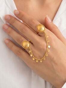 24K Gold Plated Double Chain Set, Rust-Resistant Gold Alternative Round Disc Beaded Pendant Coin Pendant Open Ring Fine Jewelry - Oval - View 4