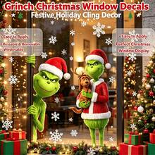 The Grinch 2pcs/Set Christmas Static Glass Stickers, Holiday Window Decals, Funny Christmas Style, Removable Decorative Stickers, Suitable For Winter Store Windows, Home Glass Windows, Shopping Mall Store Decor, Christmas Theme Party Scenes - Multicolor - View 1