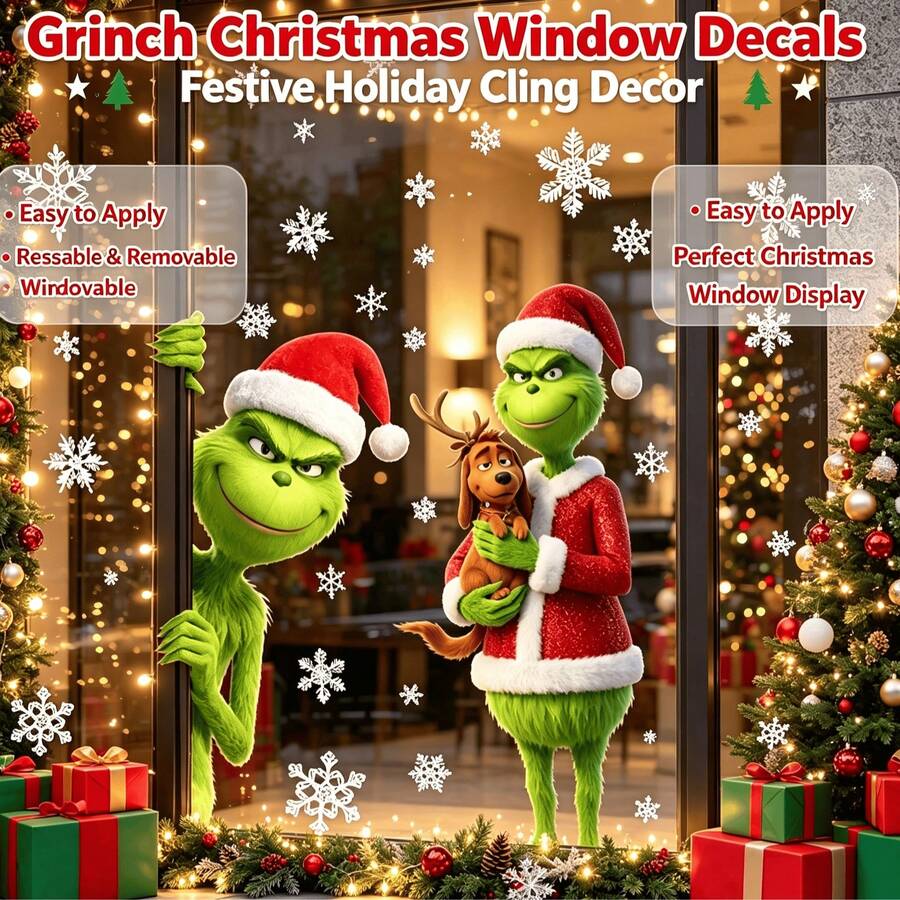 The Grinch 2pcs/Set Christmas Static Glass Stickers, Holiday Window Decals, Funny Christmas Style, Removable Decorative Stickers, Suitable For Winter Store Windows, Home Glass Windows, Shopping Mall Store Decor, Christmas Theme Party Scenes - Multicolor - View 1