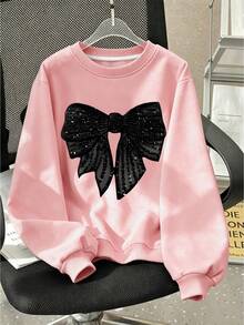 Girls' Round Neck Pullover Sweatshirt, Printed With Shiny Black Bow Pattern, Sweet Style Loose Fit, Suitable For Spring And Autumn - Pink - View 3
