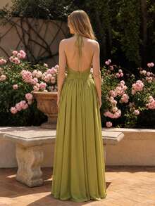 UNITHORSE Elegant Women's Chiffon Maxi Dress, Sexy V-Neck Backless Evening Gown - lemon Green - View 3