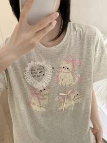 2pcs/Set Women's Pajamas Loungewear Set, Cute Animal Print Pullover Round Neck Short Sleeve Cropped Pants Lace Patchwork Comfortable For Home Wear - Light Grey - View 6
