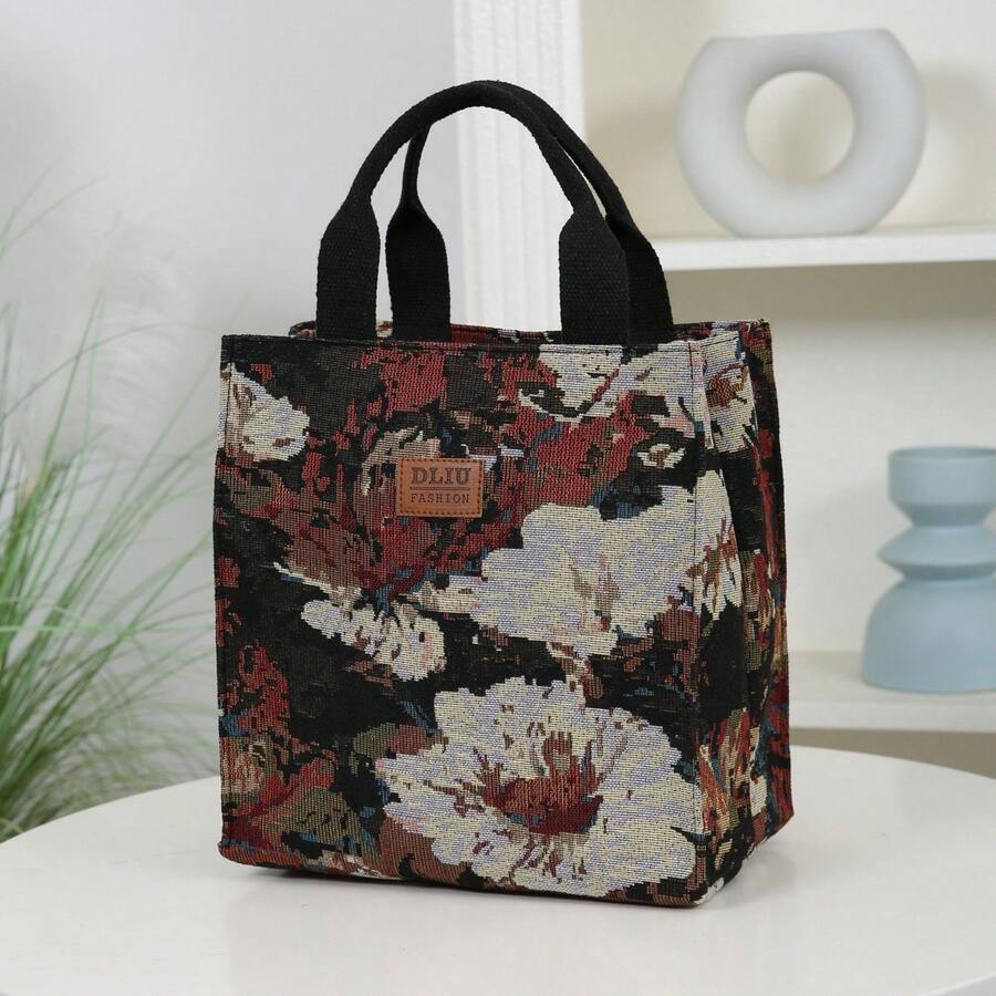 DLIU 1 túi tote vải dày họa tiết hoa dung tích lớn, túi đựng hộp cơm bento, túi đựng hộp cơm vuông, túi sắp xếp hộp cơm, túi đi làm đi học, túi mua sắm, túi đựng bữa trưa di động, dã ngoại, dùng hàng ngày