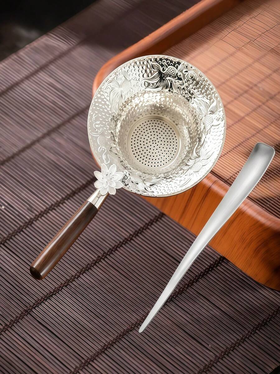 2pcs 304 Stainless Steel Tea Strainer And Tea Spoon Set, Suitable For Teapot, Tea Spoon, Coffee Cup Tea Filter, Fine Mesh Prevents Dripping, Floral Edge Design Easy To Clean, Universal Fit - Multicolor - View 1
