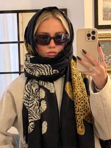 1pc Street Style Leopard Print Striped Plaid Fleece Warm Brown Shawl Scarf, Coffee Color Shawl - Black - View 2
