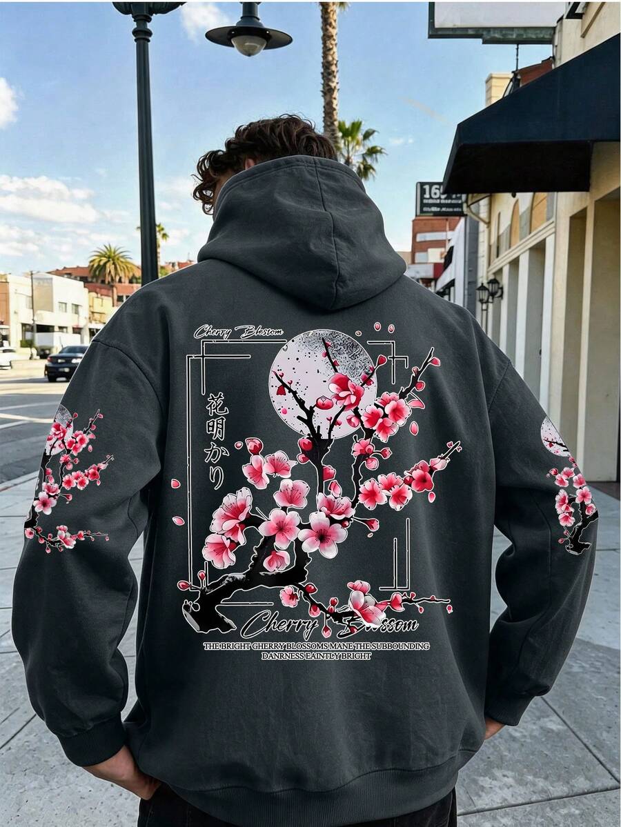 Japanese Street Style Cherry Blossom Print Sweatshirt, Versatile Spring/Autumn/Winter Top For Teenage Boys - Dark Grey - View 1