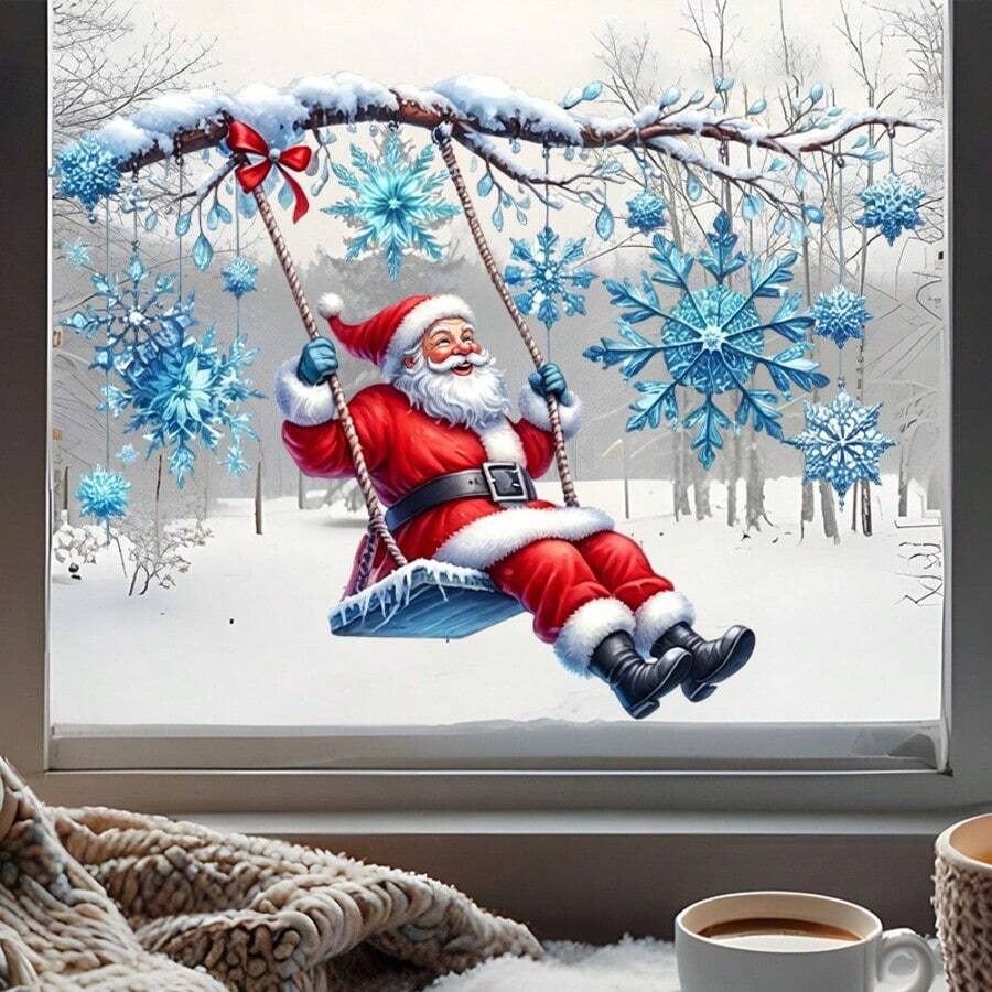 1 miếng dán kính tĩnh điện hình ông già Noel đung đưa, decal kính hai mặt nhìn thấy được, có thể tái sử dụng, họa tiết cành cây tuyết bông băng giá, trang trí Giáng sinh, phù hợp cho nhà bếp, cửa hàng boutique, cửa kính trưng bày, trang trí lễ Giáng sinh trong nhà và ngoài trời - Một cỡ - Xem 1