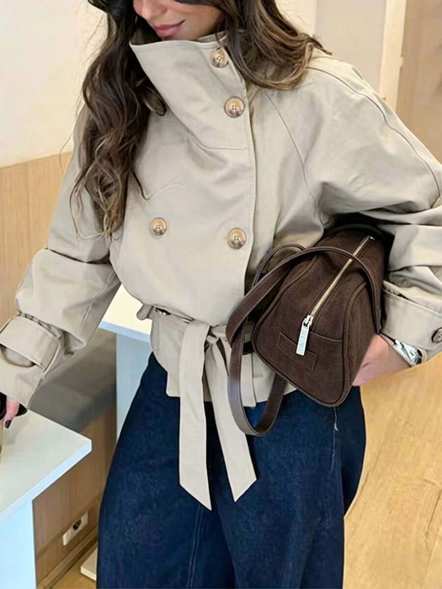 女款時尚雙排扣翻領風衣,寬鬆落肩袖綁帶腰部設計,春/秋必備 - 淺卡其色 - 查看 1