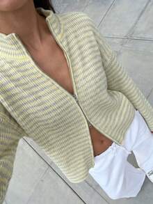 Suéter de punto Joy para mujer Otoño/Invierno Moda Nuevo Estilo - Tops Básicos - Moda Casual Simple Versátil - Cuello Alto de Tortuga Rayado con Cremallera Dulce Suéter de Punto Holgado Chaqueta de Punto - Atuendos de Oficina para Mujeres - Tops para Salir - Fiesta - Amarillo - Ver 3