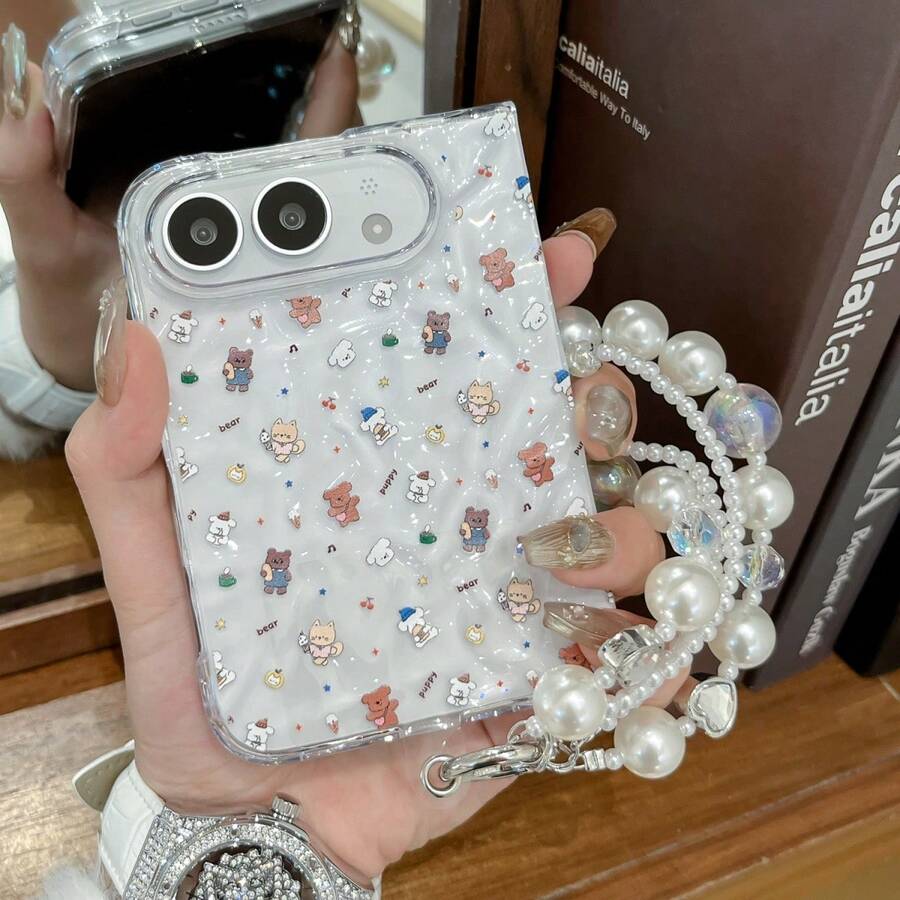 1pc Girls Foldable Phone Case Cute Popular Transparent Wrinkled Full Screen Bear Protective Cover Apple Foldable Phone Case Back To School Gift Graduation Gift Compatible With IPhone Ultra