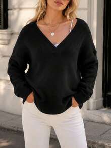Plus Size Women's Essential V-Neck Long Sleeve Sweater - Must-Have Autumn/Winter Wardrobe Item Black - Black - View 3