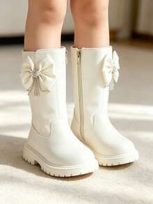 1 Pair Cream White Satin Bow Rhinestone Tassel Decor Smooth Faux Leather Side Zipper Round Toe High Shaft Thick Sole Sweet Princess Style Children's Tall Boots For Party Holiday Daily Wear - White - View 6