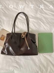 low tea 1pc Pleated PU Fabric Shoulder Tote Bag Suitable For Commuting, Shopping, Etc. (With Pendant) - Coffee - View 4