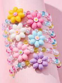 6 Pcs Flower Beaded Bracelet Set For Kids, Random Bright Colors, Cute Jewelry For Holiday Party Wear, Ideal Birthday Gift For Little Girls - Multicolor - View 10