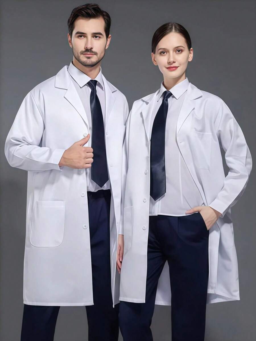 1 Set Slim Fit Lab Coat, Long Sleeve Doctor Nurse Lab Technician Work Jacket, Pharmacy Laboratory White Coat - White - View 1