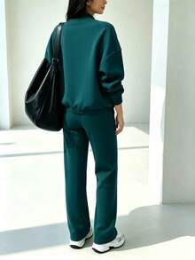 2pcs Casual Solid Color Sweatshirt Jacket Top And Straight Leg Pants Set, Soft Fleece Fabric, Suitable For Spring, Autumn And Winter Elegant Summer - Dark Green - View 7