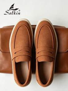 Salkin 奢華設計師男士一腳蹬便士樂福鞋 正品品牌 素色啞光皮革休閒男鞋 平價奢華適合現代生活 柔軟舒適 防滑耐磨鞋底 時尚優雅紳士社交鞋 百搭西裝 學生畢業典禮大學風運動鞋 派對宴會度假禮物 春夏秋男鞋 - 卡其色 - 查看 7