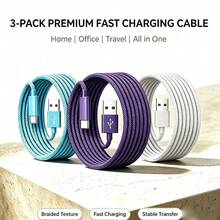 3pcs Fast Charging USB-A To USB-C Data Cables, Braided Nylon Durable Phone Charging Cables, Multiple Lengths Available 3ft 6ft 10ft, Compatible With Samsung, , And Other Android Phones, Suitable For IPhone And Android Devices, Ideal For Car Accessories/Travel Essentials/Desk Accessories/Halloween Gifts - Blue + Purple + White - View 2