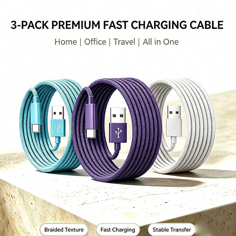 3pcs Fast Charging USB-A To USB-C Data Cables, Braided Nylon Durable Phone Charging Cables, Multiple Lengths Available 3ft 6ft 10ft, Compatible With Samsung, , And Other Android Phones, Suitable For IPhone And Android Devices, Ideal For Car Accessories/Travel Essentials/Desk Accessories/Halloween Gifts
