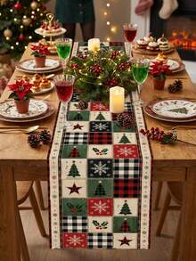 Christmas Patchwork Plaid Table Runner And Placemat Set, Christmas Tree Snowflake Holly Print Polyester Table Decor, Washable And Reusable, Christmas Party Home Decoration, Multiple Sizes Available - A - View 6