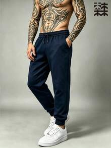 mulinsen Men's Solid Color Fleece Lined Drawstring Joggers, Warm Elastic Cuffed Pocket Sweatpants, Winter Casual Long Pants - Blue - View 4