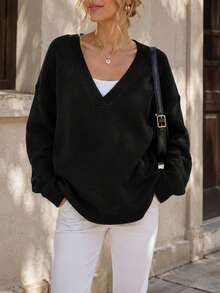 Plus Size Women's Essential V-Neck Long Sleeve Sweater - Must-Have Autumn/Winter Wardrobe Item Black - Black - View 1