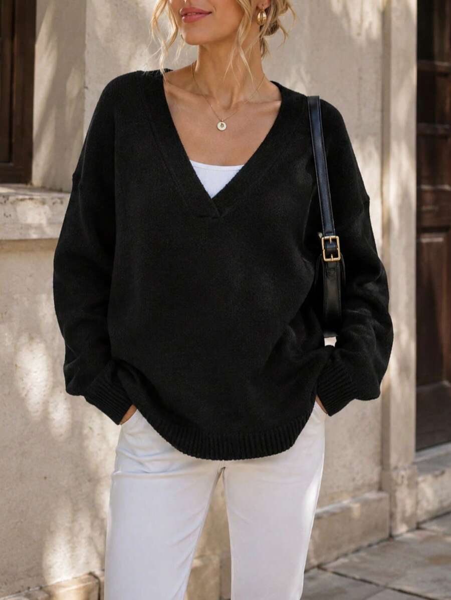 Plus Size Women's Essential V-Neck Long Sleeve Sweater - Must-Have Autumn/Winter Wardrobe Item Black - Black - View 1