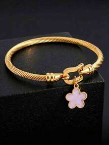 1pc Vintage Luxury Twisted‑Rope Bangle With Pink‑Shell Clover Charm, 18K Gold‑Plated Stainless‑Steel, Unisex Daily Wear Jewelry - Gold - View 4