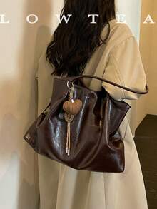 low tea 1pc Pleated PU Fabric Shoulder Tote Bag Suitable For Commuting, Shopping, Etc. (With Pendant) - Coffee - View 12