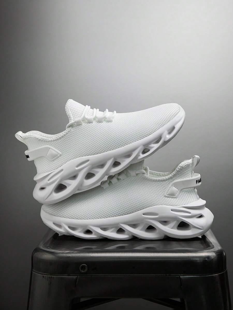 Men's White Knit Mesh Lace-Up Sneakers, Cable Knit Texture Thick Sole Invisible Height Increase, Youth Street Style Versatile Casual Running Shoes