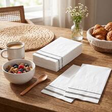 White Disposable Paper Napkins, Elegant Silver Stripe Lunch & Cocktail Napkins For Wedding Reception, Bridal Shower, Birthday, Anniversary, Baby Shower, Dinner Party And Table Decorations - Style 1 - View 3