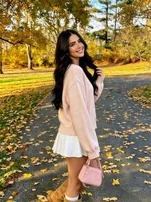 Cardigan Wanita Nyaman Warna Pink dengan Kancing, Lengan Panjang, Bahan Rajut Poliester Elastis Sedang, Ideal untuk Musim Gugur/Dingin - Berwarna merah muda - View 6