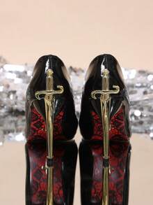 Women's Black Glossy Pointed Toe Stiletto High Heel Pumps, Spring/Autumn Party Wedding Low-Cut Shoes - Gold - View 1