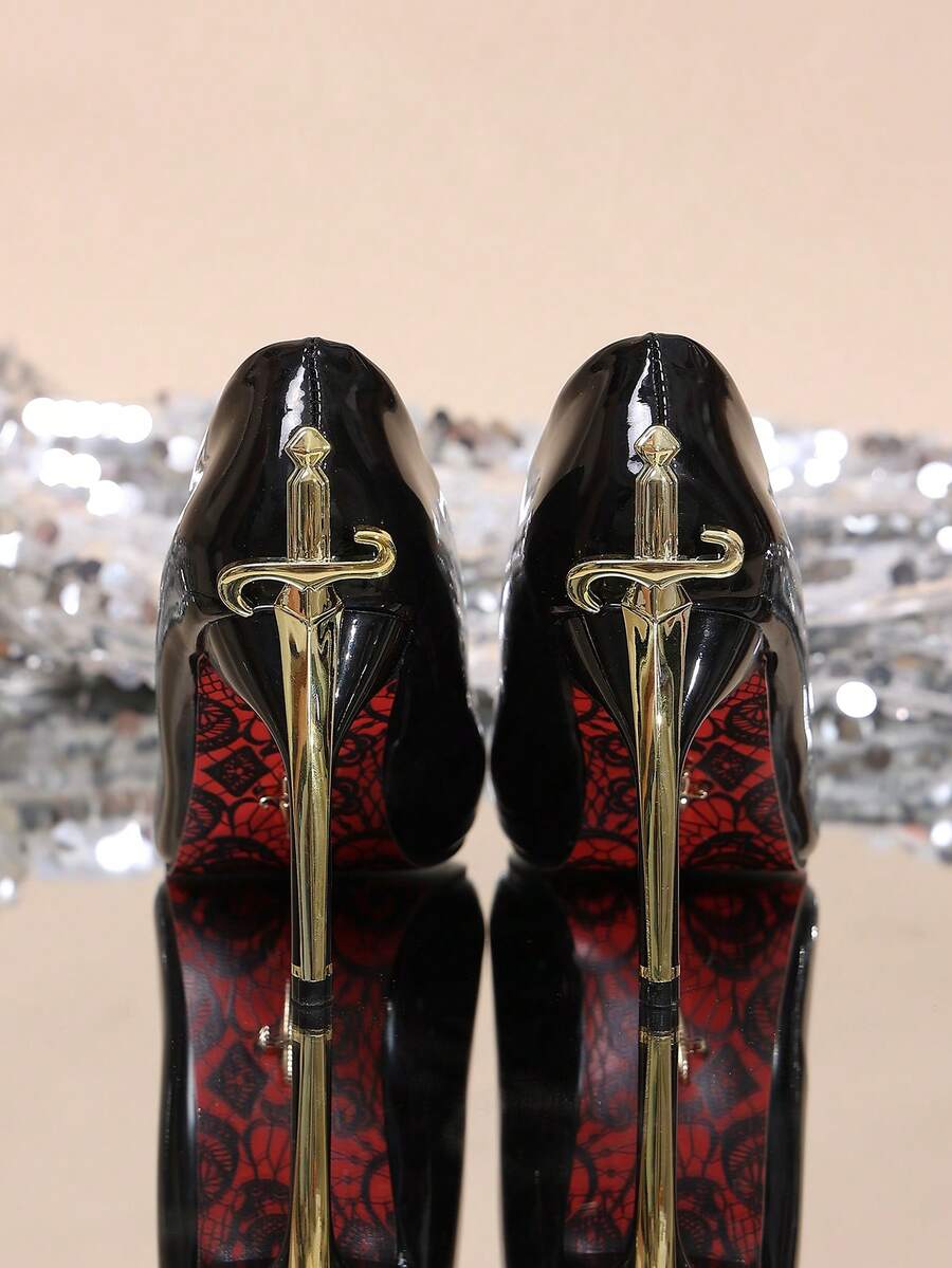 Women's Black Glossy Pointed Toe Stiletto High Heel Pumps, Spring/Autumn Party Wedding Low-Cut Shoes - Gold - View 1