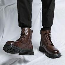 Men's Round Toe Brown Textured Boots With Front Lace-Up, Side Zipper, Thick Sole, Heel Decor And Pull Tab, Structured Silhouette, Formal Wedding Banquet Dress Boots - Brown - View 7