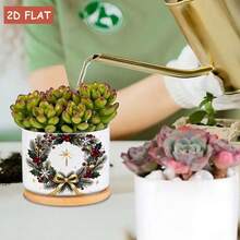 Christmas Wreath Ceramic Flower Pot With Holly Leaves, Red Berries, Gold Bow And Snowflake Decor, 3.62X3.62X2.68 Inch Decorative Flower Pot, Perfect For Desktop Display And Holiday Home Decor Gardening Gift - A - View 4