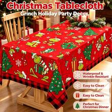 The Grinch 1pc Christmas Tablecloth, Party Dining Table Cloth, Green Monster Christmas Tree Gift Snowflake Pattern, Rectangular Tablecloth Shape, Black And Red Plaid Border, High-Definition Digital Print, Holiday Dust-Proof Decorative Table Mat, Suitable For Winter Christmas Gatherings, Theme Parties, Family Banquets, Holiday Tabletop Decor Scenes - Tablecloth - View 1