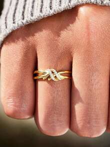 1pc Gold Vintage Minimalist Elegant Line Twisted Knotted Rhinestone Adjustable Ring, Suitable For Women's Daily Commute, Holiday, Gift - Gold - View 5