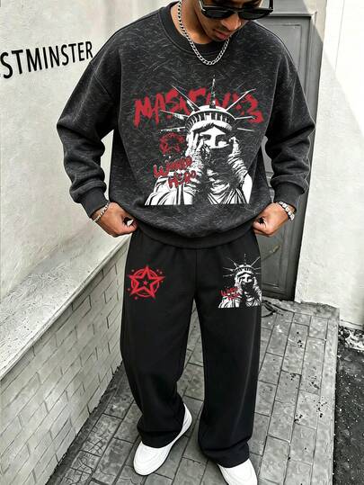 2 Pieces Set For Young Men And Boys, Washed Style Crew Neck Sweatshirt And Wide Leg Pants Outfit, Featuring Cool Character Print Crew Neck Sweatshirt And Wide Leg Pants Matching Set, Suitable For Autumn/Winter Daily Wear