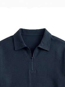 Solid Color Waffle Knit Half-Zip Polo Shirt Men's Textured Casual Long Sleeve Top - Navy Blue - View 3