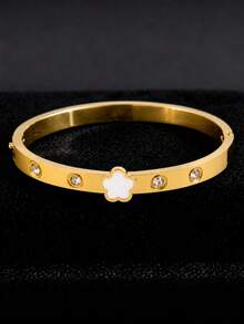 1pc 18K Gold Plated Stainless Steel White Mother Of Pearl Clover Rhinestone Inlaid Thin Bracelet, Luxury Unisex Daily Versatile Holiday Gift Bangle - Gold - View 5