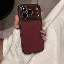 Luxury Lychee Pattern Faux Leather Large Window Phone Case, For 17 Pro Max, 17 Pro, 17, 16 Pro Max, 16 Pro, 15 Pro Max, 15 Pro, 13 Pro Max, 14 Pro, 16, 15, 14, 13, Lens Protection, Shockproof Back Cover - Retro Red - View 5