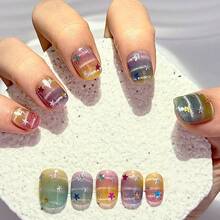 10pcs Dreamy Rainbow Gradient Silver Line Cat Eye Star Short Round Removable Reusable False Nails Nail Art Supplies (1pc Jelly Sticker + 1pc Nail File) - Multicolor - View 5