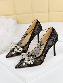 European & American Style Sexy Party High Heel Pumps For Women, Lace Mesh Rhinestone Bow Pointed Toe Low Vamp Shoes - Black - View 4