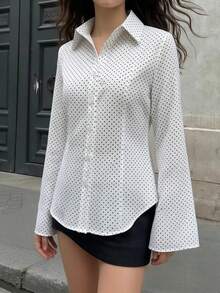 Women's White Polka Dot Polyester Button-Down Shirt, Shirt Collar, Flared Long Sleeves, Regular Length, Suitable For Autumn Wear. - White - View 1