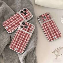Ins Style Red Striped Window Design Phone Case Compatible With Iphone 17, 18 Pro Max, 15, 16 Pro, 16, 14, 13, Silver Frame, Creative Precision Cutout Full Coverage Soft Leather Texture Protective Shell - Red - View 3