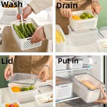 6pcs Plastic Food Storage Containers With Lids, Multi-Functional Airtight Fresh-Keeping Boxes For Refrigerator, With Drain Basket Set, Suitable For Fruit, Vegetable And Kitchen Food Storage (3 Drain Baskets + 3 Fresh-Keeping Boxes) - White - View 12